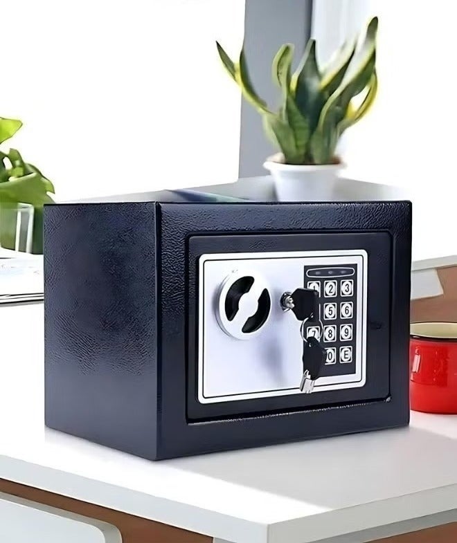 خزنة رقمية إلكترنية, خزنة إلكترونية مدمجة مع نظام قفل مزدوج - تخزين آمن للأموال والمجوهرات والمستندات والاشياء الثمينة - صندوق أمان مقاوم للحريق ـ للمنزل أو المكتب أو الفندق 27X22x23  سم, أسود/فضي - Image 2